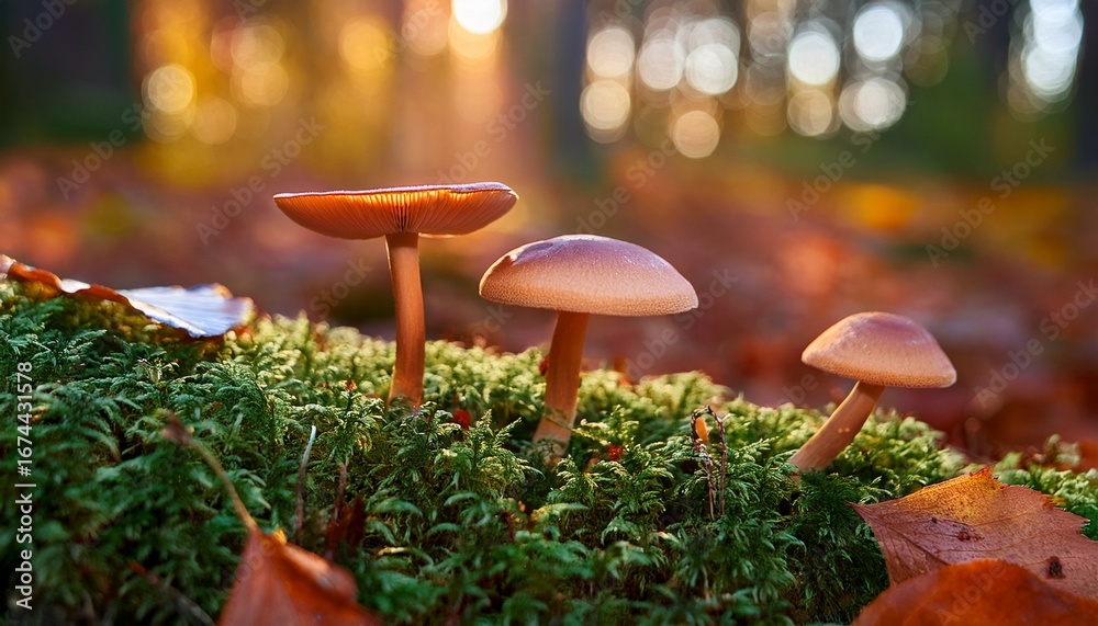 Fototapeta premium mushrooms growing in autumn forest with moss and fallen leaves