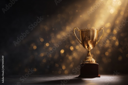 Glowing Gold Trophy on Velvet Podium with Dramatic Spotlight and Subtle Bokeh