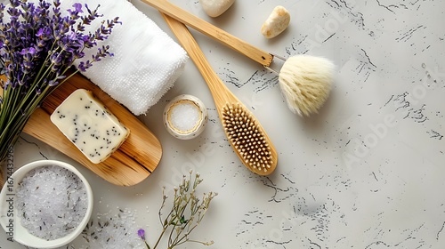 Relaxing bath accessories set with handmade soap and lavender sprigs accompanied by wooden body brushes and sea salt in a bowl on a light gray textured background for skin care.