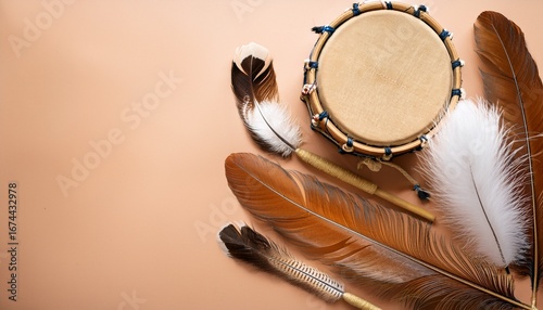 celebration of canadian indigenous peoples day with traditional feathers and drum flat lay
