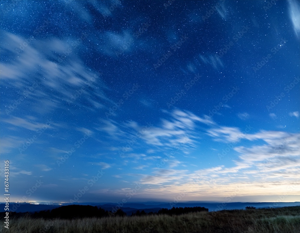 Naklejka premium soft blue evening sky with wispy clouds and stars