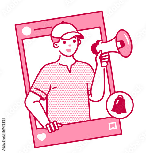 Man in cap with loudspeaker in social media post frame