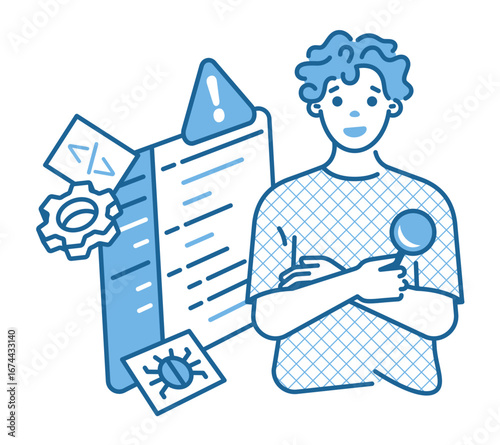 QA engineer holding magnifier and finding bugs in the code