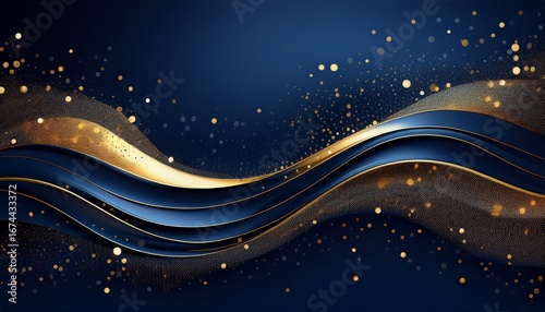 navy blue elegant background with soft gold waves and sparkling dots