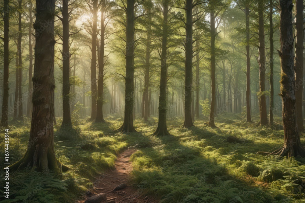 Obraz premium Textured forest backdrop, deep greens & browns, sunlight dappled , stock, shadows, design
