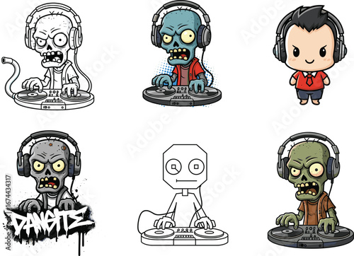 Cartoon zombie DJs, funny undead disc jockey characters illustration, horror music party artwork, scary cartoon vector design