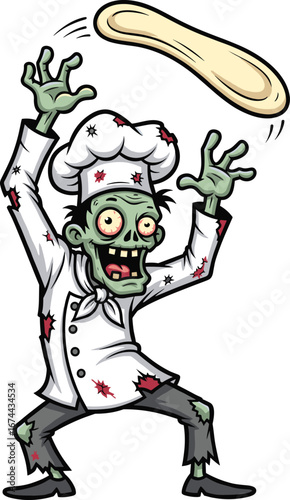 Funny zombie chef cooking pizza dough, cartoon undead baker illustration, scary kitchen character, comic horror vector art