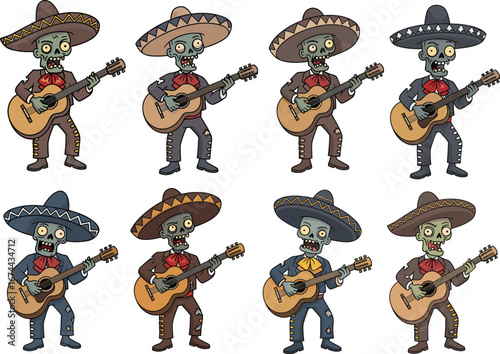 Funny zombie mariachi band illustration, cartoon undead musicians playing guitar, Mexican music characters, comic horror vector art