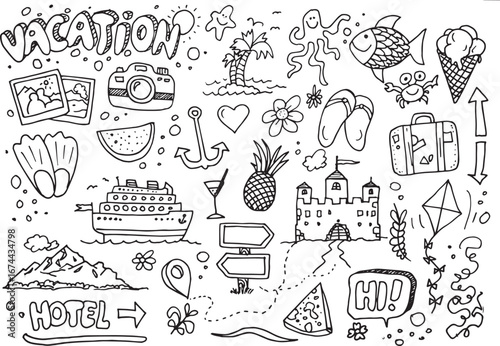 Hand drawn vacation doodles on white background
