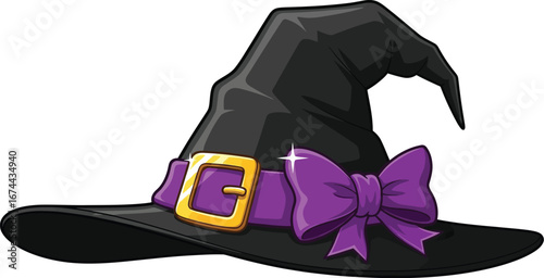 Cartoon witch hat with a purple bow and gold buckle is ready for halloween fun