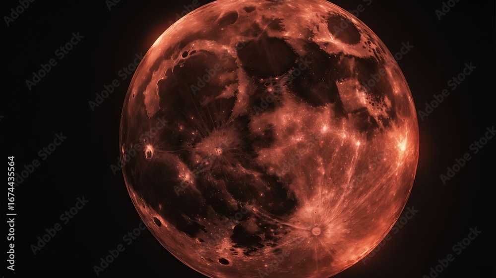 Naklejka premium Full red moon rising over dark night sky evokes mystery, wonder, and celestial beauty