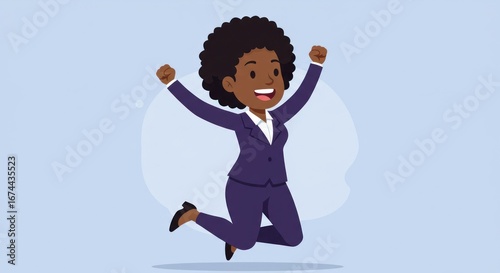 A cartoon woman in a suit jumping for joy