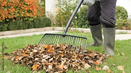 Person Raking Autumn Leaves in Garden Yard Work