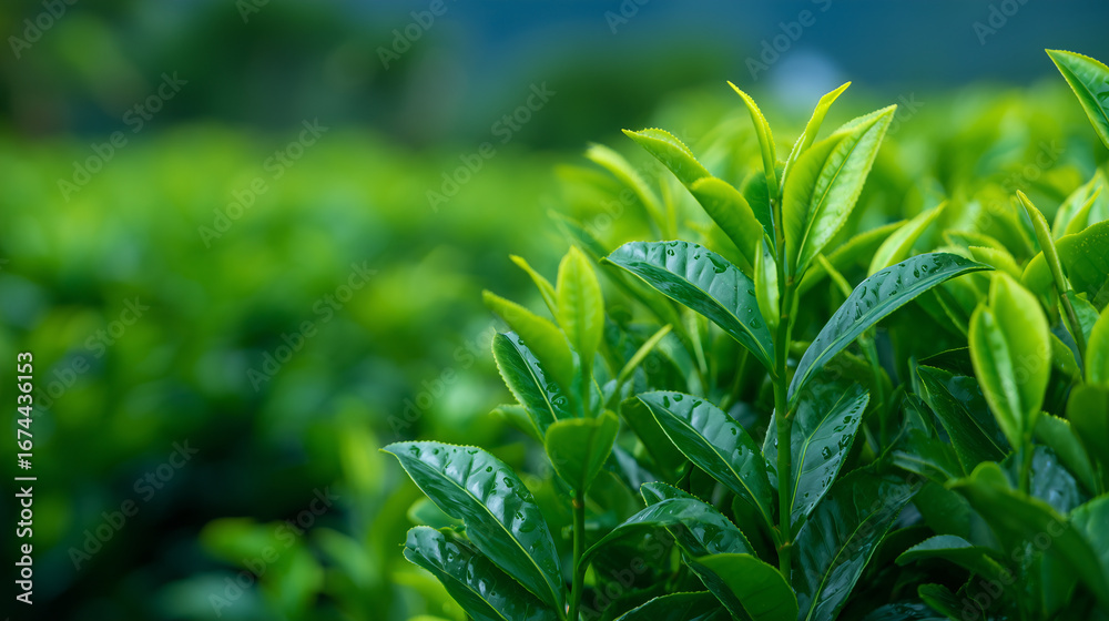Obraz premium Close-up of tea leaves arranged in organized rows, bright natural and artificial lighting illuminating textures and vibrant colors throughout the factory