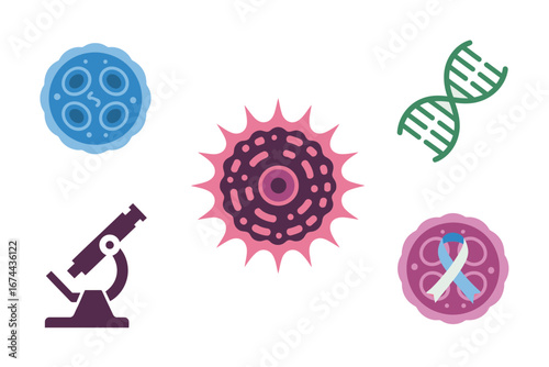 Microscope DNA helix malignant cell nucleus ribbon exam icons medical research laboratory education healthcare awareness vector pack