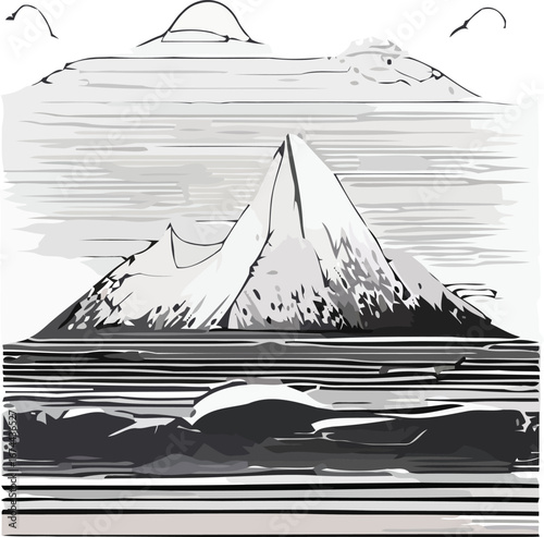 Monochrome illustration of a mountain range with a prominent peak and cloudy sky.