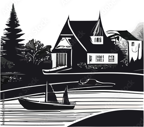 Black and white illustration of a house by a body of water with a small boat.