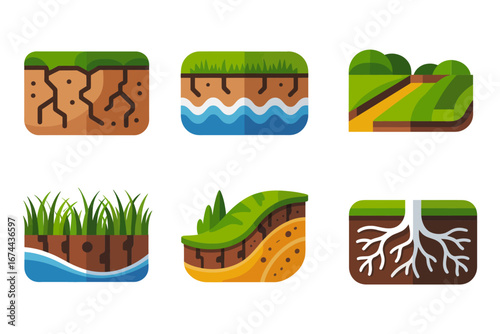 Terrain and soil profile icon bundle eroded cliffs stream channel terrace farming grass roots layers environmental education vector illustration