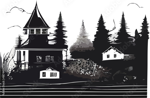Black and white illustration of an observatory building on a hill with surrounding trees and mountains.