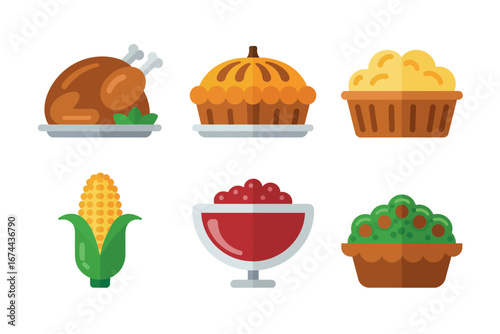 Thanksgiving dinner food icons, roast turkey pumpkin pie mashed potatoes corn cranberry sauce, fall harvest vector set, holiday cooking clipart