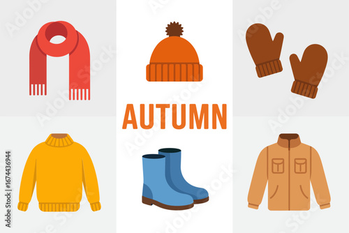 Fall wardrobe grid, scarf hat mittens sweater boots coat, seasonal apparel icons, flat vector illustration