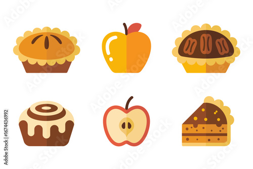 Fall pies and sweets collection, apple pie pecan pie cinnamon roll apple dessert slice, bakery icons, vector illustration
