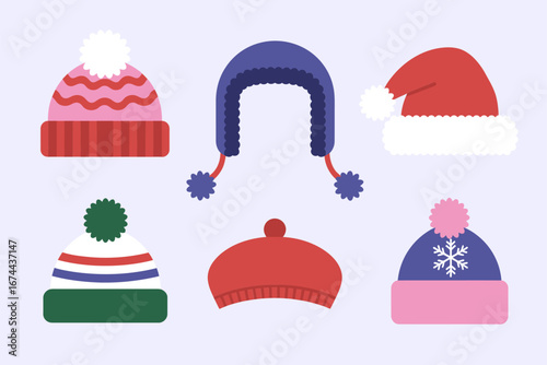 Winter hat collection with beanies pompom caps earflap ushanka and knit styles, vector set for apparel branding packaging and stickers