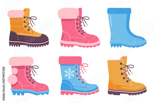 Cute winter boots set, pink fur trimmed boots blue rubber boots tan hiking styles, footwear clipart, seasonal fashion vector icons