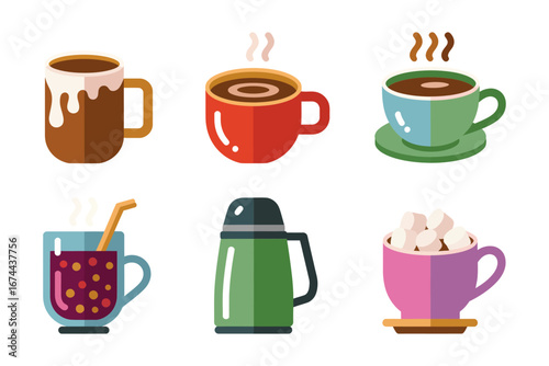 Winter hot beverage icons, cocoa coffee tea cups, thermos bottle, marshmallow topping, flat vector set for cafe menu