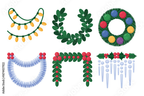 Holiday garland bundle with wreath, bead strands, pine boughs and icicles, hanging decoration options, seasonal border elements vector set