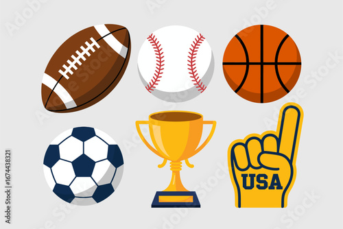 Athletic award and ball icons collection football basketball baseball soccer shiny trophy and foam finger sports vector pack
