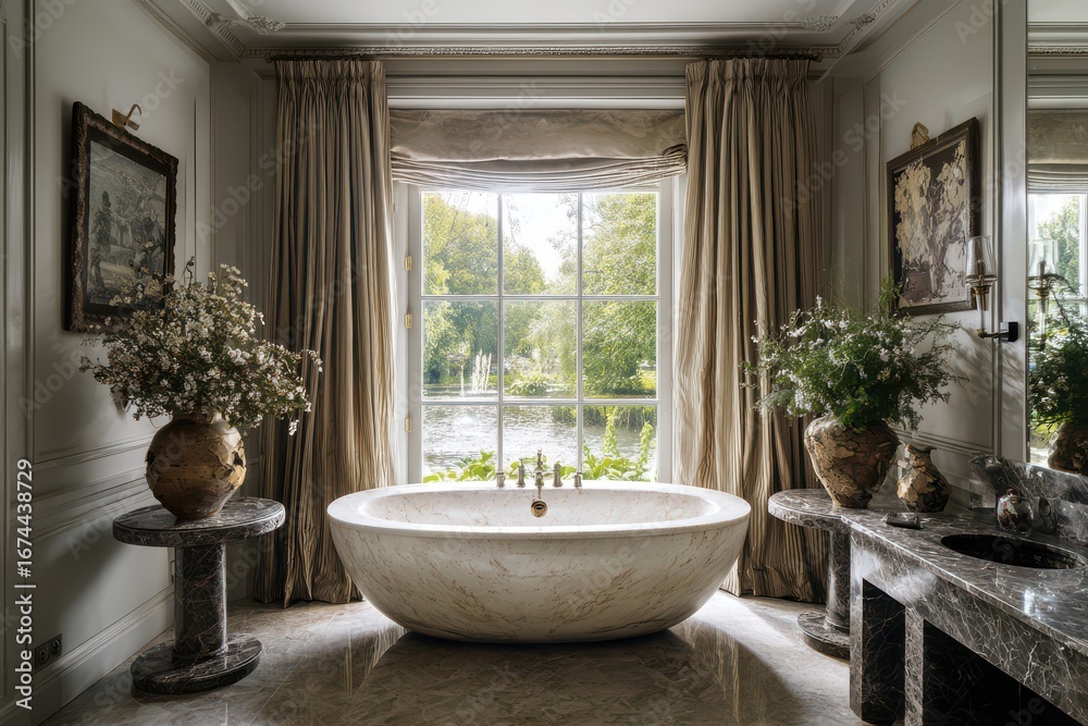 Fototapeta premium an elegant bathroom with an oval marble bathtub