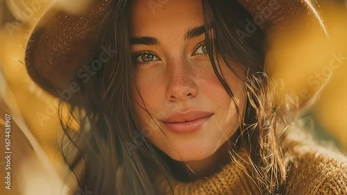 Close-Up Portrait of Young Woman in Autumn Light Wearing Hat