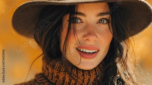 Beautiful Freckled Woman with Blue Eyes and Brown Hat in Fall Colors