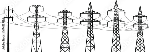 High voltage electricity transmission towers and power lines, energy distribution infrastructure, electric utility, black silhouette vector, industrial landscape background