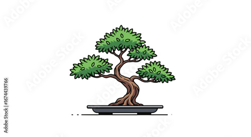 Illustration of a bonsai tree with green leaves and a twisted brown trunk in a gray rectangular pot on white ground