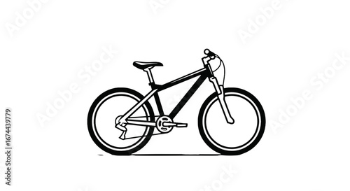 Illustration of a black and white mountain bike with detailed features on a white background design