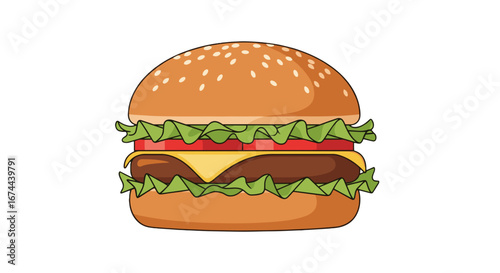 Illustration of a hamburger with sesame seed bun lettuce tomato cheese and a beef patty on a white background