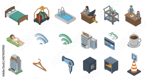 Isometric hotel amenities including bed, luggage cart, pool, reception, room service and facilities