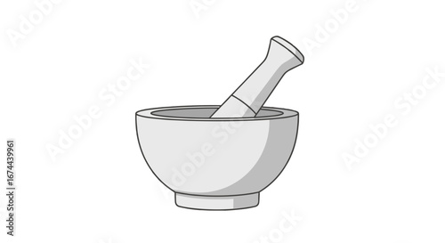 A simple drawing of a mortar and pestle set, with a white bowl and a white pestle resting inside it neatly