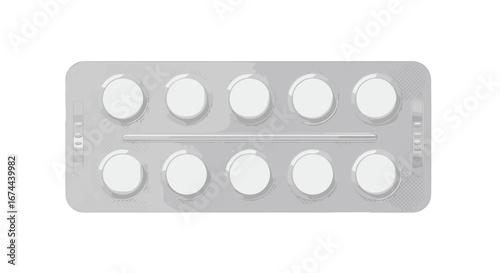 Close up of a blister pack containing ten white round pills on a white background in a studio shot