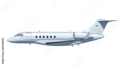 Side view of a private jet with visible windows and wings against a plain white background in a vector image