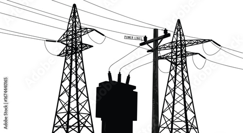 High voltage power lines, electrical transmission towers, energy distribution system, industrial infrastructure, electricity supply, transformer station, utility poles silhouette