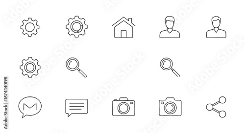 Illustration of a collection of different line art icons including settings, home, user, and search icons