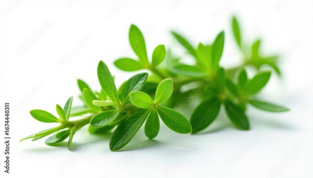 Fototapeta premium Fresh thyme sprig isolated on white background, greenery, stem, nature