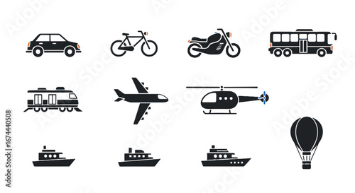Illustration of various modes of transportation including car bicycle motorcycle bus train airplane helicopter boats and balloon
