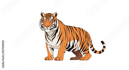 Illustration of a bengal tiger standing with its striped fur and orange and white coloration clearly visible