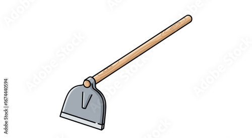 Illustration of a garden hoe with a gray metal blade and a long wooden handle on a white background space
