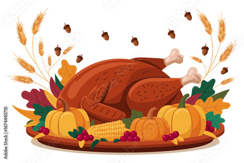 Thanksgiving Day roasted turkey tray with gravy and stuffing, seasonal vegetables, festive family feast artwork, holiday card poster, vector illustration