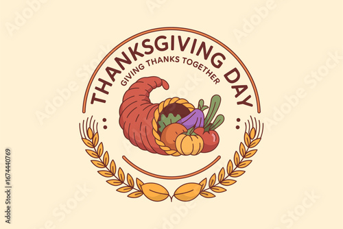 Thanksgiving Day round badge, turkey with cornucopia and pumpkins, wheat laurel border, rustic harvest celebration logo, vector illustration